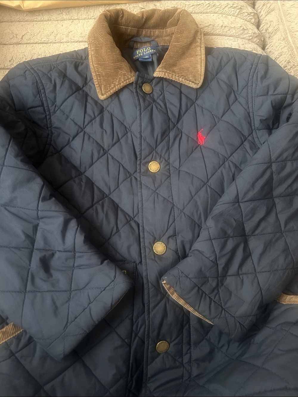 Ralph Lauren Kids Navy Quilted Pea Coat with Brown Corduroy Collar
